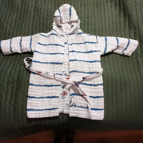 Malabar Baby Kids White Organic Cotton Muslin Sea Life Hooded Robe 1-2 Years - Picture 6 of 8